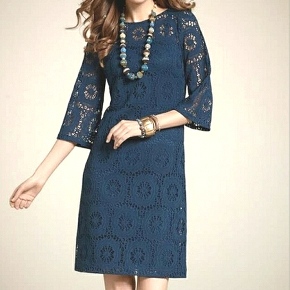 Chico's Dresses & Skirts - Chico's Camille Crochet Lace Shift Dress Teal Blue Size 1 S Bell Sleeve